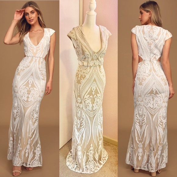 Always Adored White and Nude Sequin Mermaid Maxi Dress - Picture 1 of 15